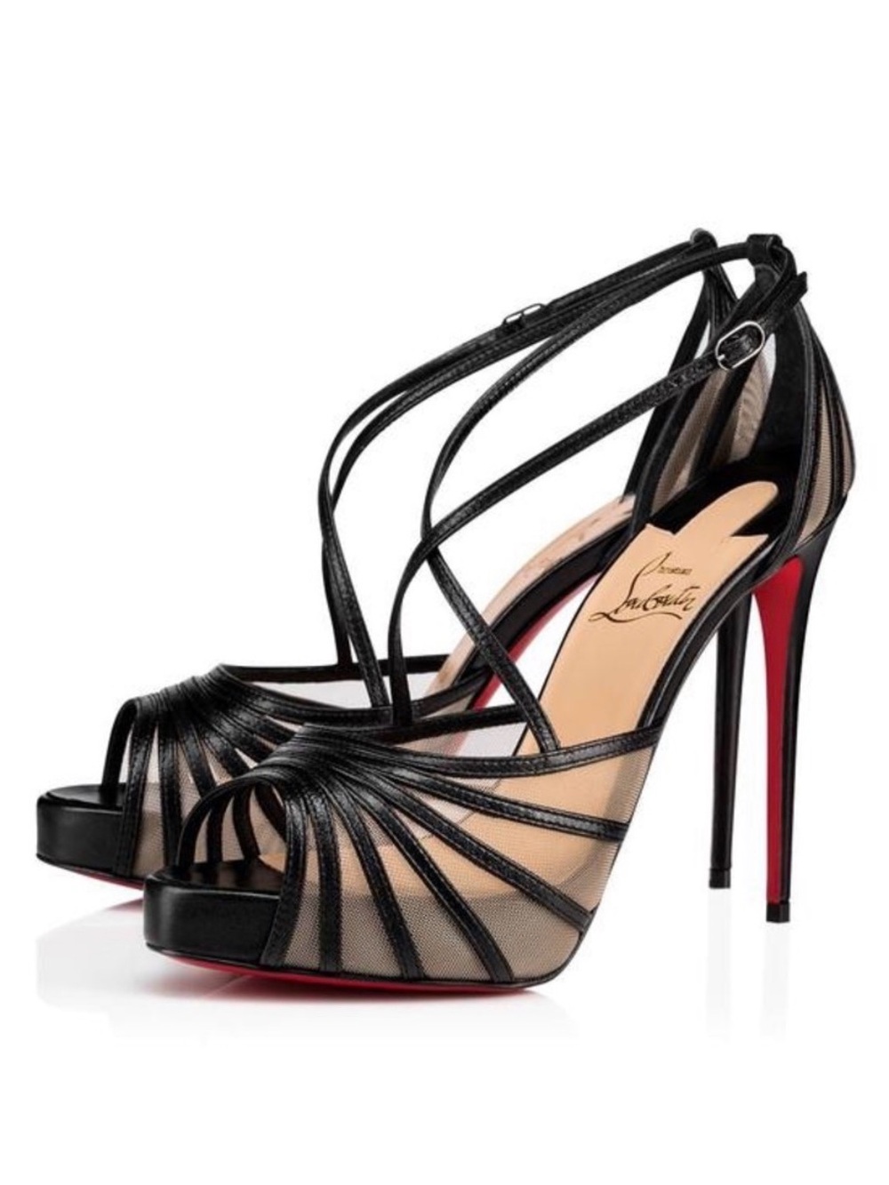 Christian Louboutin Black Mesh Strappy Peep-Toe Stilettos with Red Sole 37 1/2